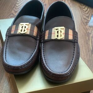 Brown and Gold Leather Slip-On Loafers with Gold Hardware